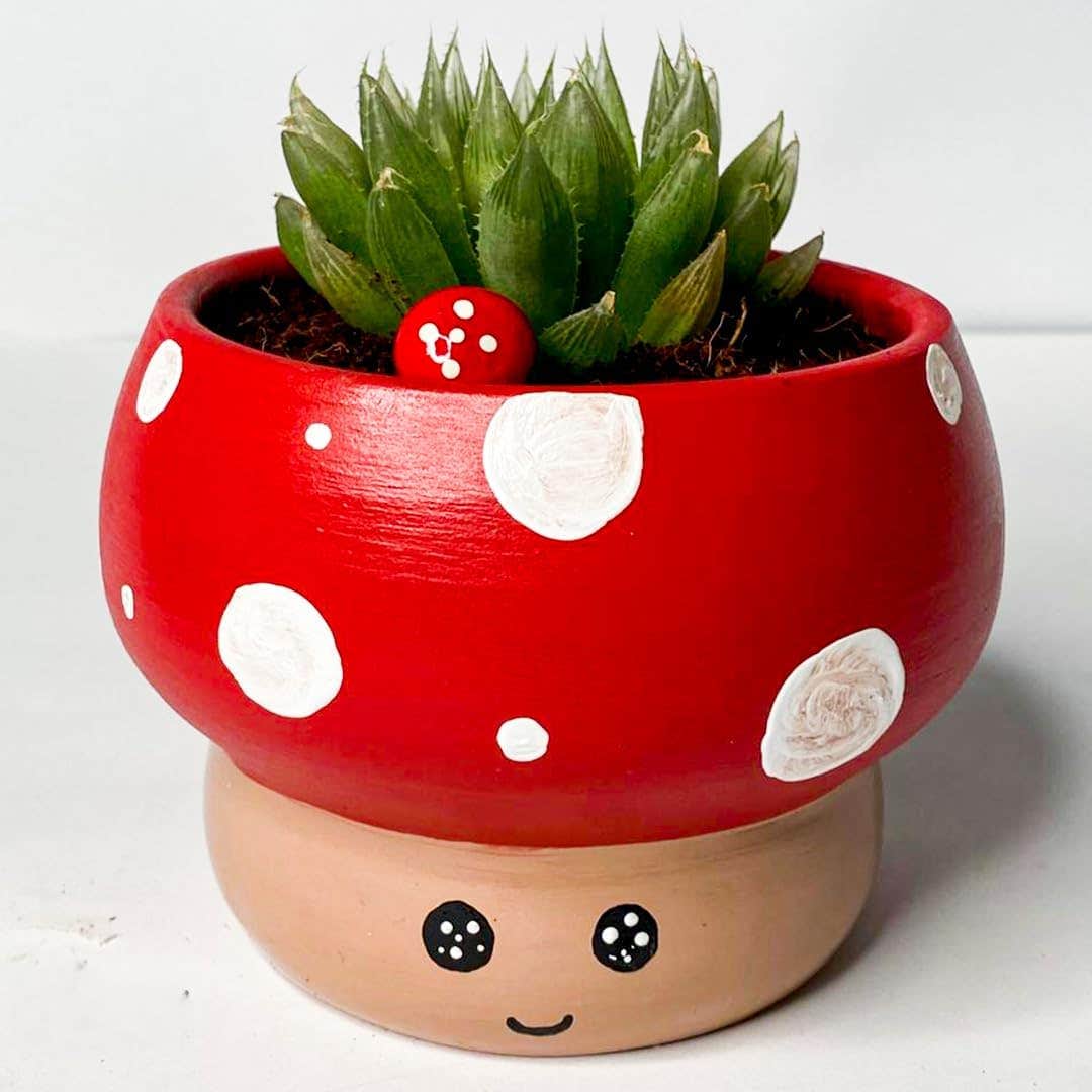 Mushroom Planter Pot with Succulent, Red with White Polka Dots, Ceramic, Cute Face Design, Indoor Decor