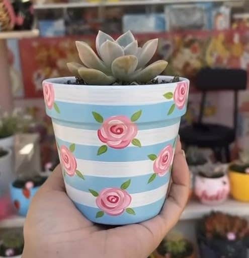 Hand-Painted Terracotta Flower Pot with Blue Stripes and Rose Design