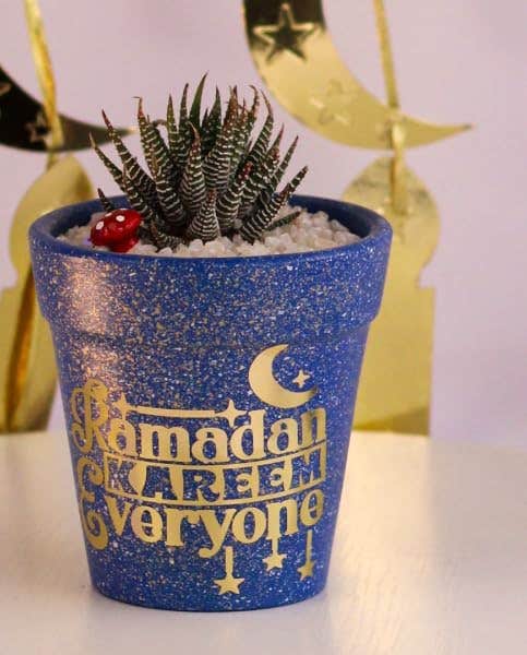 Handmade Decorative Plant Pot, Blue with Gold Text, Ramadan Kareem Everyone Theme, Glitter Finish, Succulent Planter