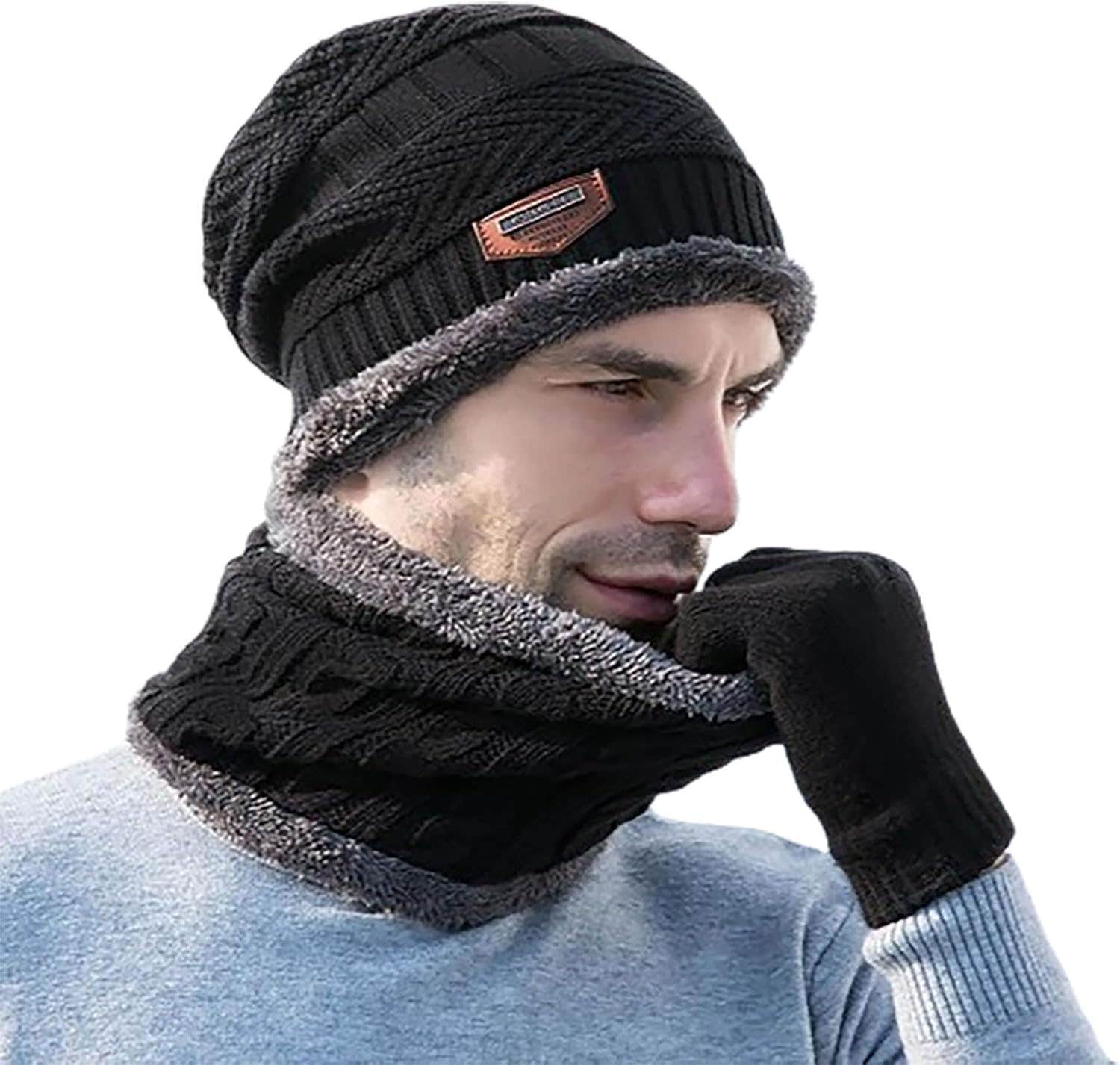 3 Pcs Winter Warm Knit Thick Beanie Hat, Winter Hat Scarf Set, Soft Comfortable Thick Lined Winter Hat, For Men and Women - One Size, Black