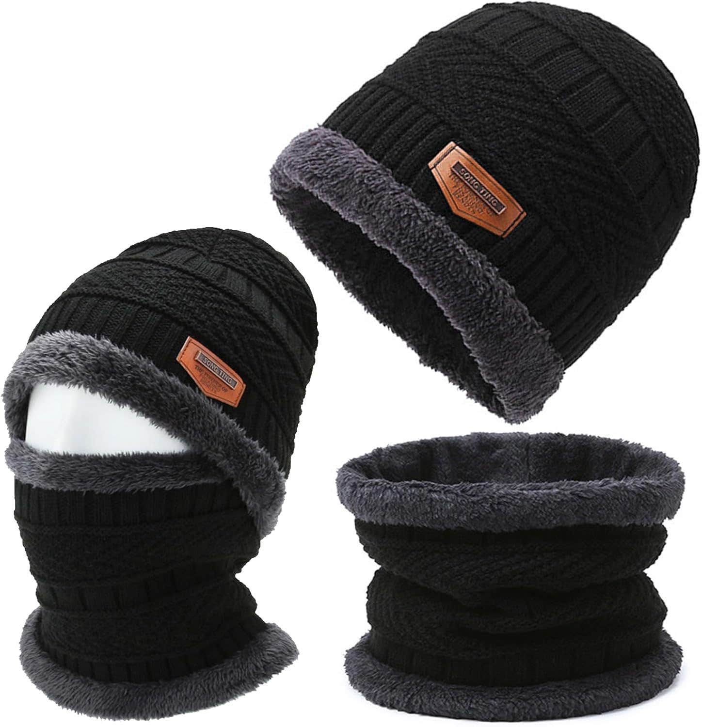 Hat Scarf Set, Winter Hat Men Women Knitted Hat Beanie Hat Winter Scarf with Inner Fleece, Windproof Scarf for Outdoor Motorcycle Bicycle Indoor Activities