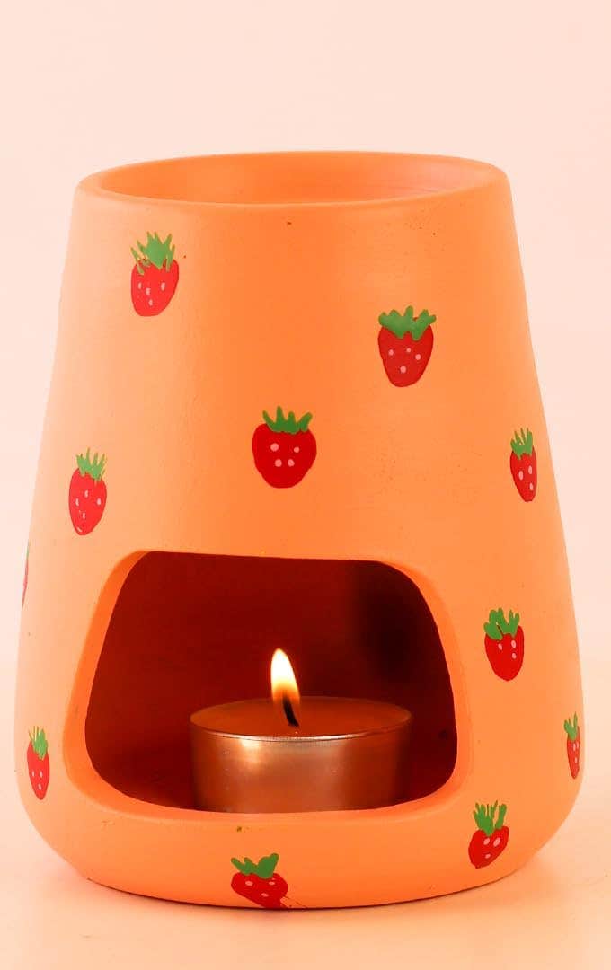 Handmade Ceramic Oil Burner - Orange with Strawberry Pattern - Aromatherapy Diffuser