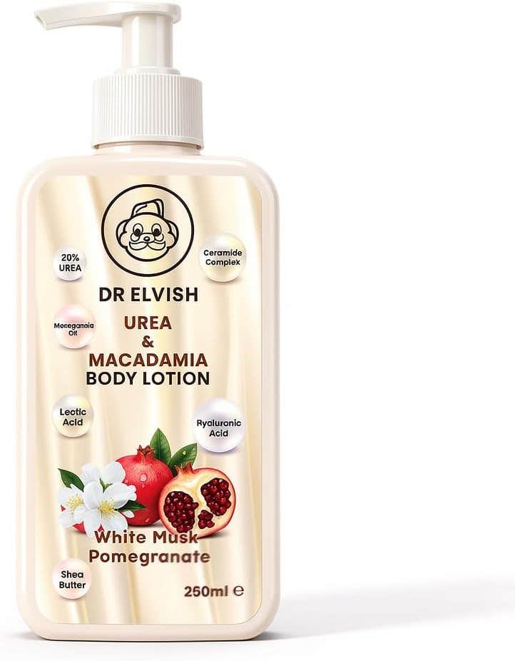 Dr. Elvish White Musk & Pomegranate Urea Body Lotion 250ml – Deep Moisturizing Body Cream with Macadamia & Natural Oils | Long-Lasting Fragrance | Hydration for Dry & Sensitive Skin