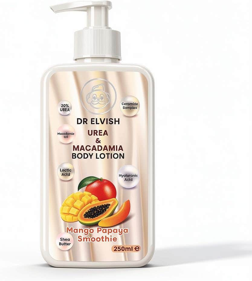 Dr. Elvish Mango Papaya Smoothie Body Lotion – Intensive Moisturizing Body Cream with 20% Urea, Macadamia Oil & Ceramides | Long-Lasting Hydration for Dry & Rough Skin | Fast Absorbing Formula
