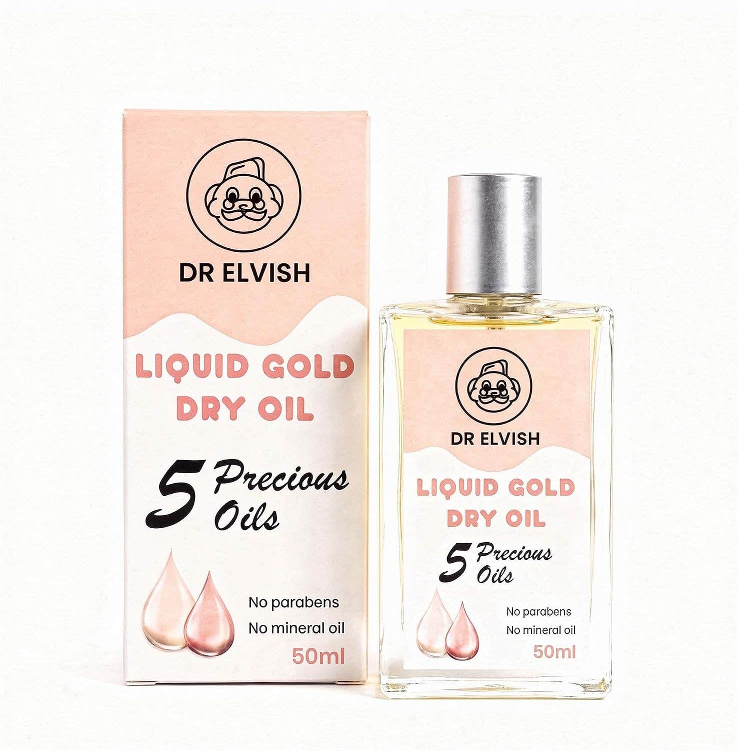 Dr. Elvish Liquid Gold Dry Oil 50ml – Lightweight Face & Body Dry with Argan & Coconut Oil & Vitamin E | Fast-Absorbing Non-Greasy Hydrating for Glowing, Soft & Smooth Skin | All Skin Types
