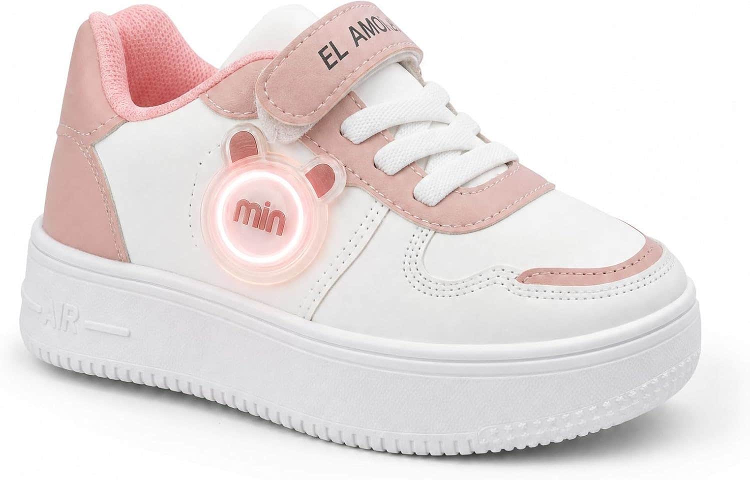 Kids LED Light Up Sneakers with Hook and Loop Closure - White/Pink