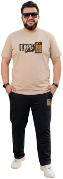 Men's 100% Cotton T-Shirt and Milton Lycra Pants Set - Warm Brown - Plus Size