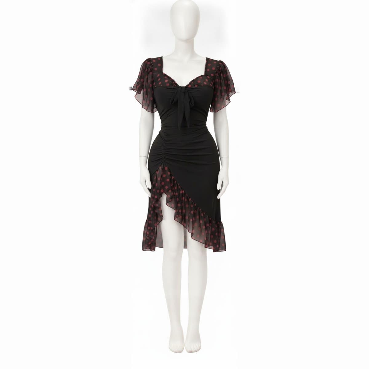 Red Evening Dress with Black Lace Detail on Sleeves and Hems, Slim Fit Evening Dress
