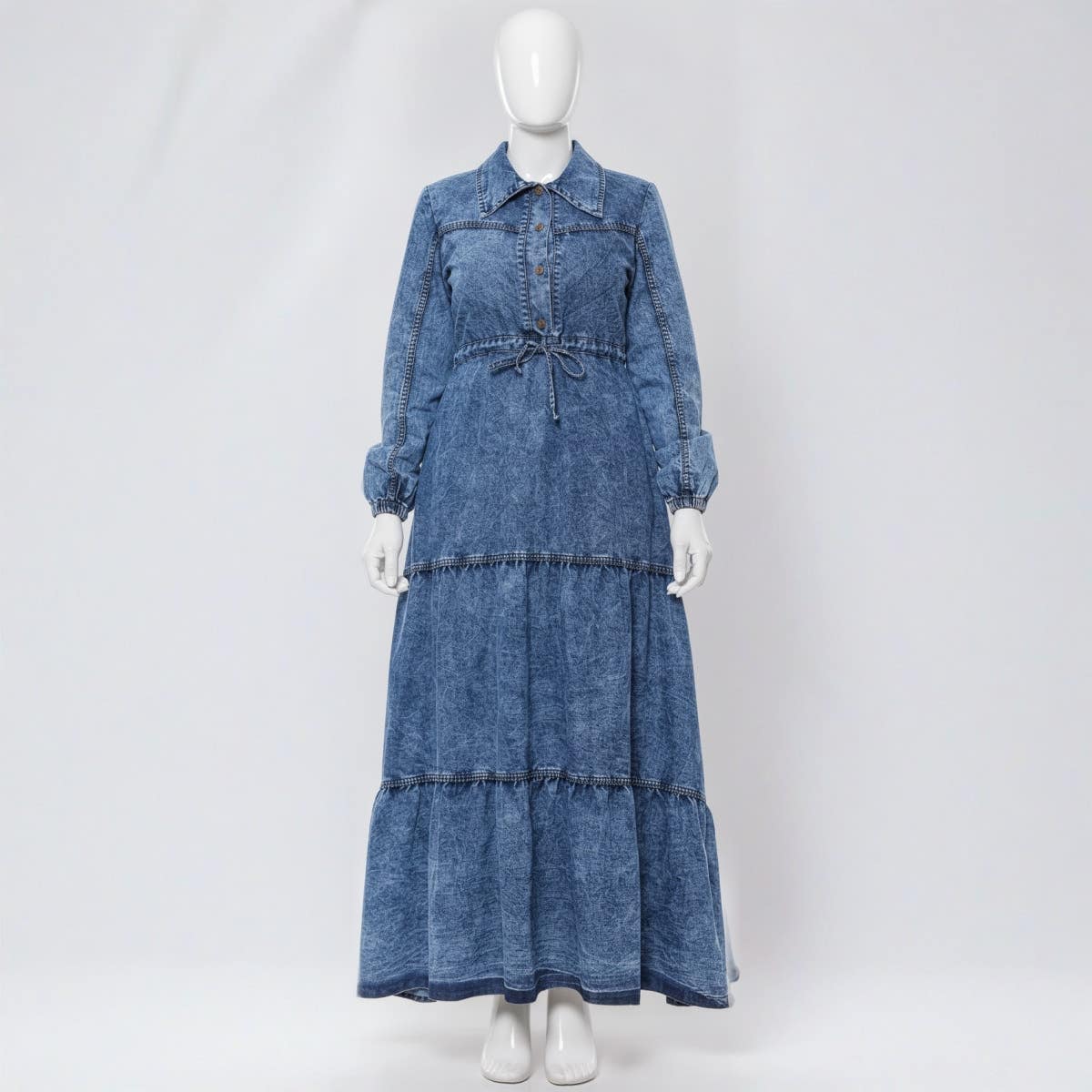 Women's Long Denim Abaya Layered Classic Collar - Dark Blue - Perfect for Daily and Formal Occasions