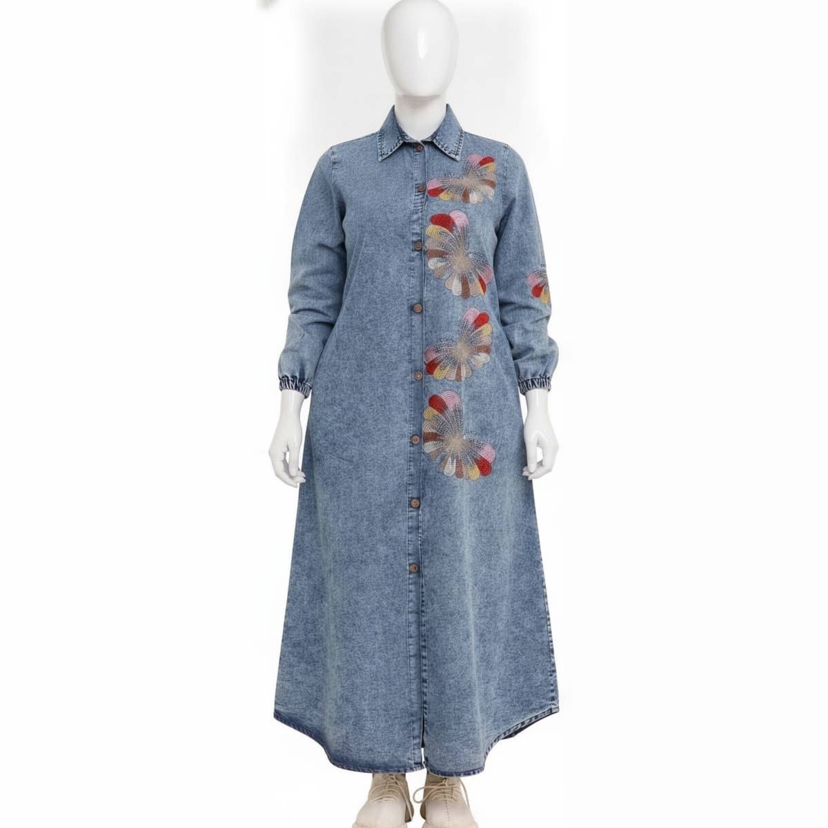 Long Denim Abaya With Button Front Design And Floral Embroidery - Classic Blue - Suitable For Daily And Formal Occasions