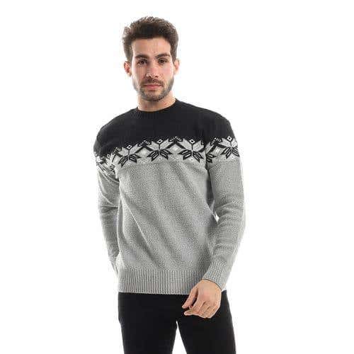 Men's wool pullover with a multi design pattern