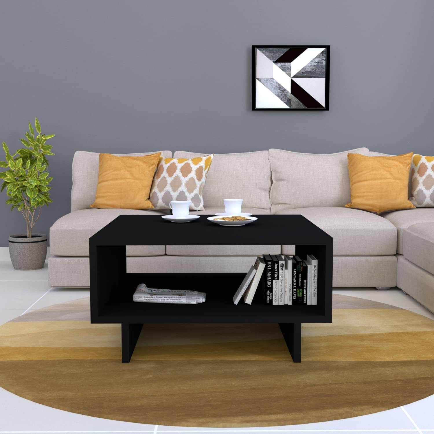 Furnifry Modern Square Center Table with Open Storage Shelf/Wooden Coffee Table for Home/Sturdy & Stylish Furniture for Living Area/Wooden Coffee & Sofa Table (Black)