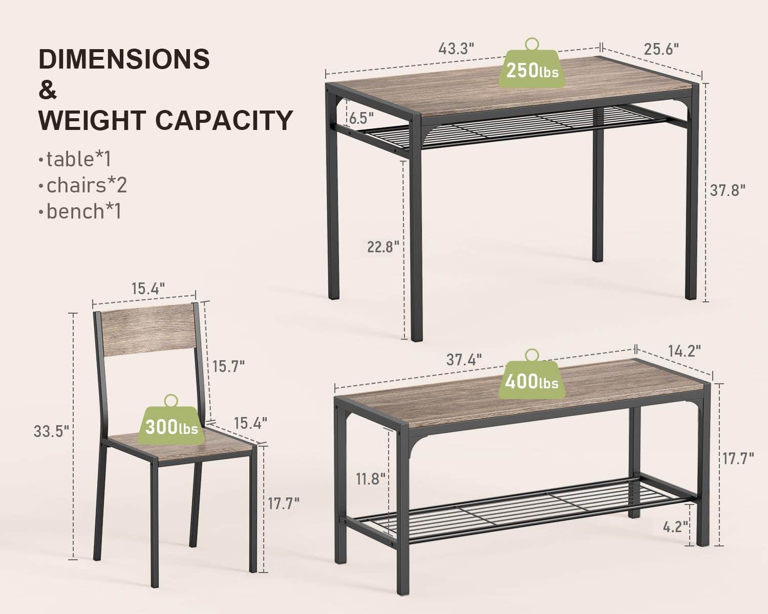 Gizoon Kitchen Table and 2 Chairs for 4 with Bench, 4 Piece Dining Table Set for Small Space, Apartment