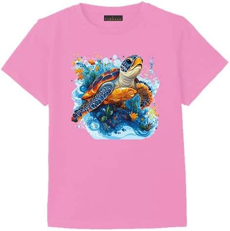 Misriate Kids Sea Turtle Ocean Art T-Shirt, Pink, Colorful Graphic Print, 3-12 Years