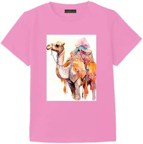 Watercolor Camel Art Print Pink Kids T-Shirt, Short Sleeve, Cotton - Ages 3-12