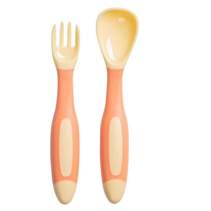 Silicone Baby Self-Feeding Spoon & Fork Set - Flexible Tools for Toddlers - Portable Storage Box Included