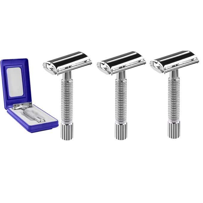 Vintage Stainless Steel Men's Safety Razor Set, Silver - 3 Pieces