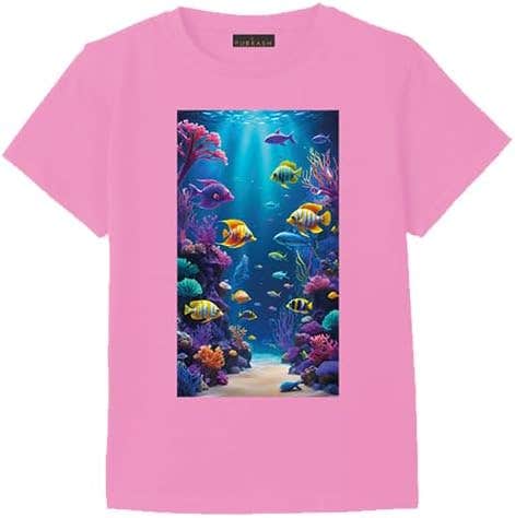 Ocean Fish Print Pink T-Shirt, Tropical Coral Reef Design - Men's Casual Wear