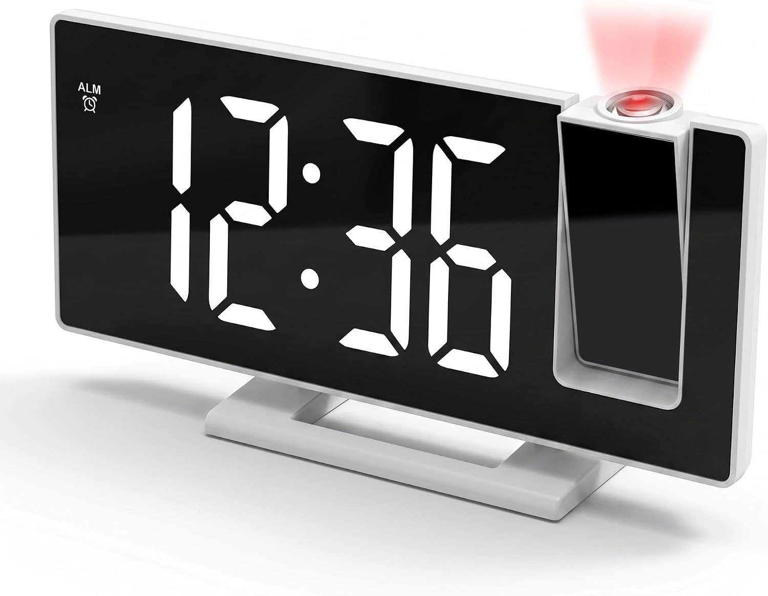 Projection Alarm Clock, Digital LED Clock with 180° Projector, Large Mirror Display for Time, Date and Temperature, 3 Brightness Levels, Snooze, White