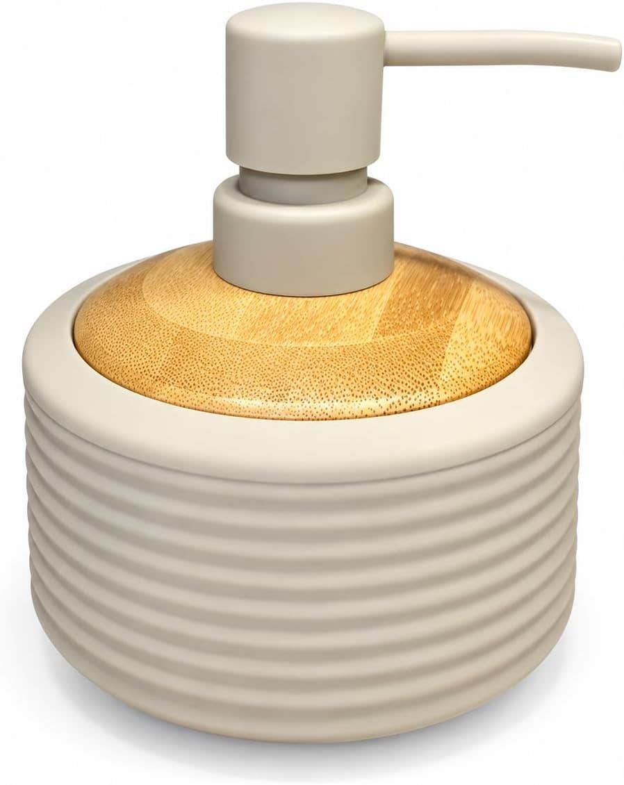 Soap Dispenser 150 ml, Refillable Liquid Hand Wash Pump Bottle with Ribbed Design and Wood-Look Top for Bathroom Counter, Kitchen Sink and Vanity, AD-422 (Beige)