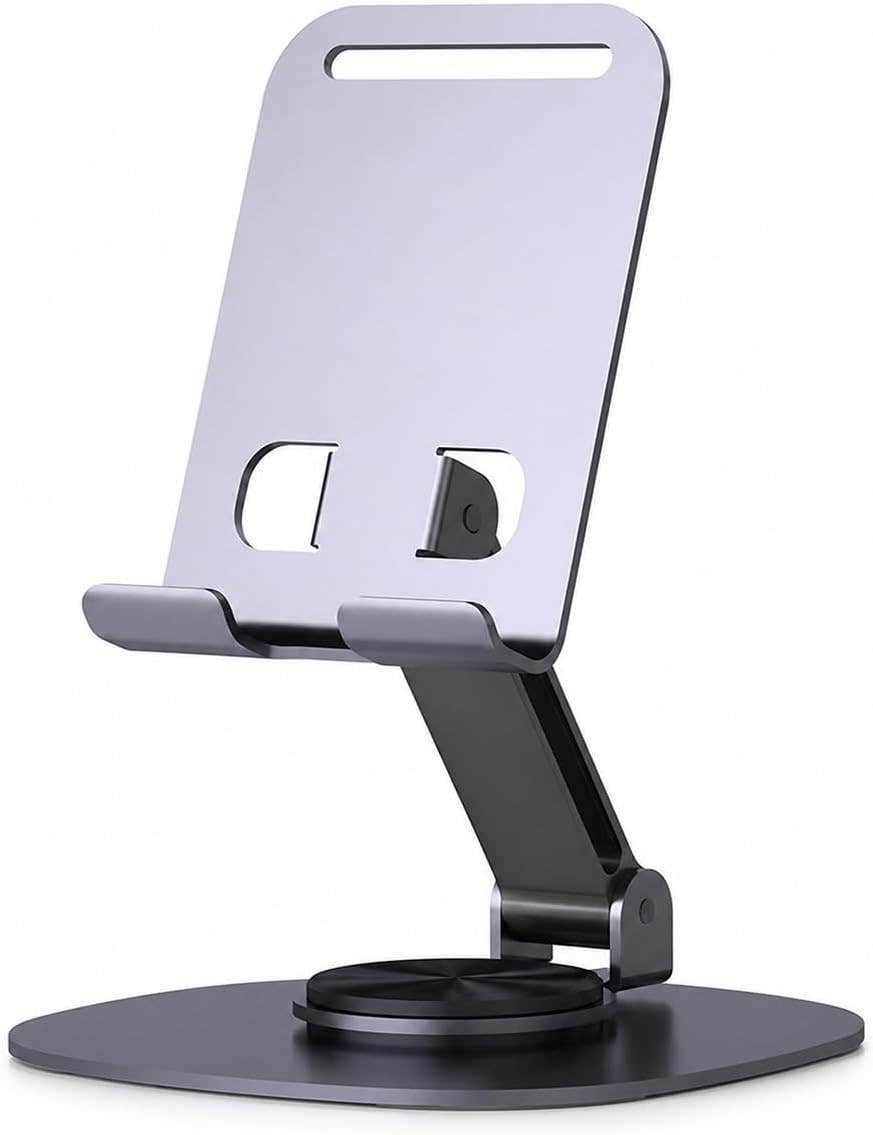 Phone Stand for Desk, 360° Rotating Adjustable Foldable Metal Holder with Secure Grip for Smartphone and Tablet, Universal Desktop Stand, ZM-0114 (Black)