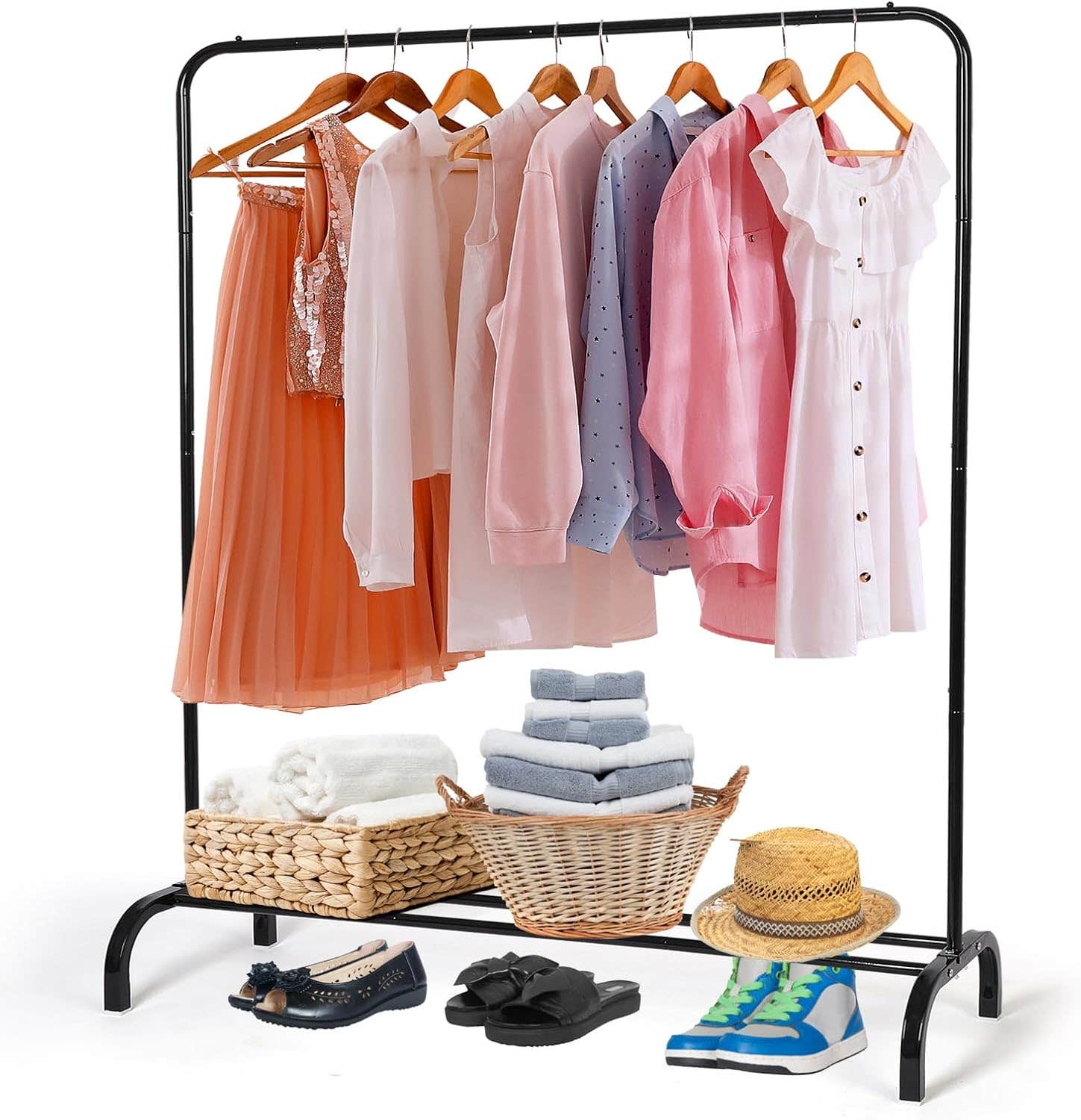 Jumua Metal Clothing Rack with Top Rod and Bottom Shelf, Black, Portable - 40x110x150 cm