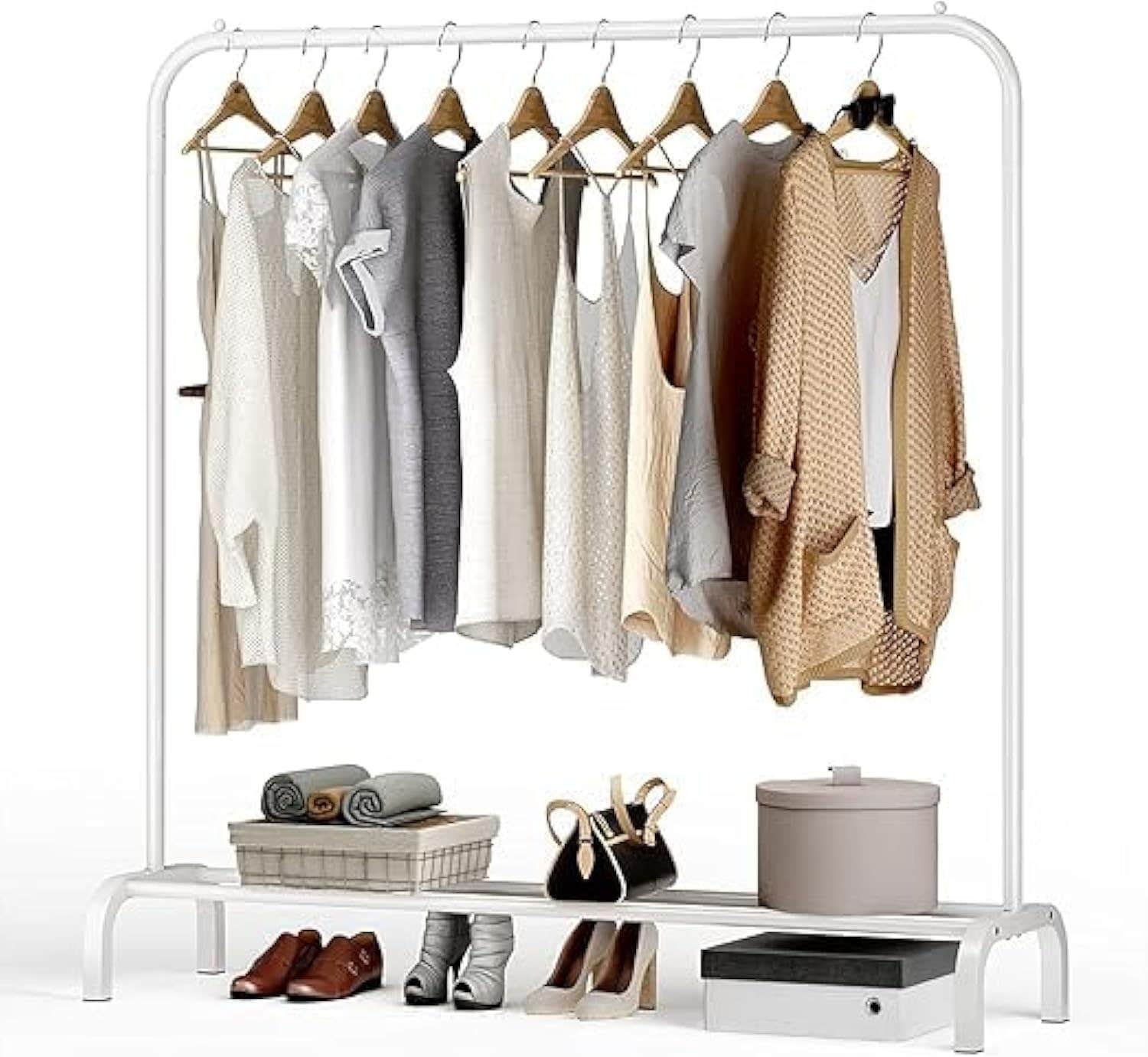 Clothes Rack - Premium Metal Clothes Hanging Stand with Storage Shelf for Coats, Shoes, and More - Durable and Stylish Organizer for Bedroom and Bathroom Use (White, 1 shelves | 1 Rail)