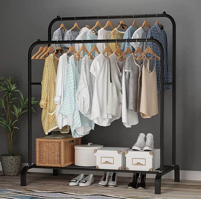 Metal Clothes Rack with Bottom Shelf - Black - 2 Pieces
