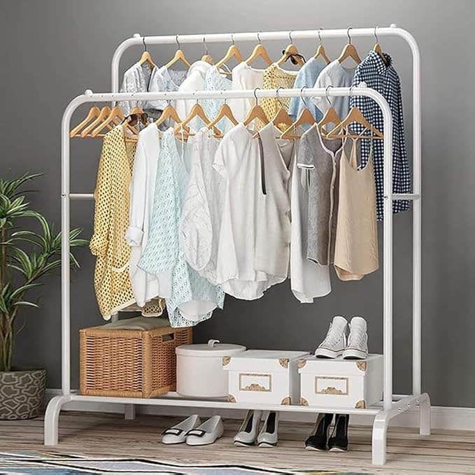 White Metal Clothes Rack with 2 Shelves - Heavy-Duty Garment Storage