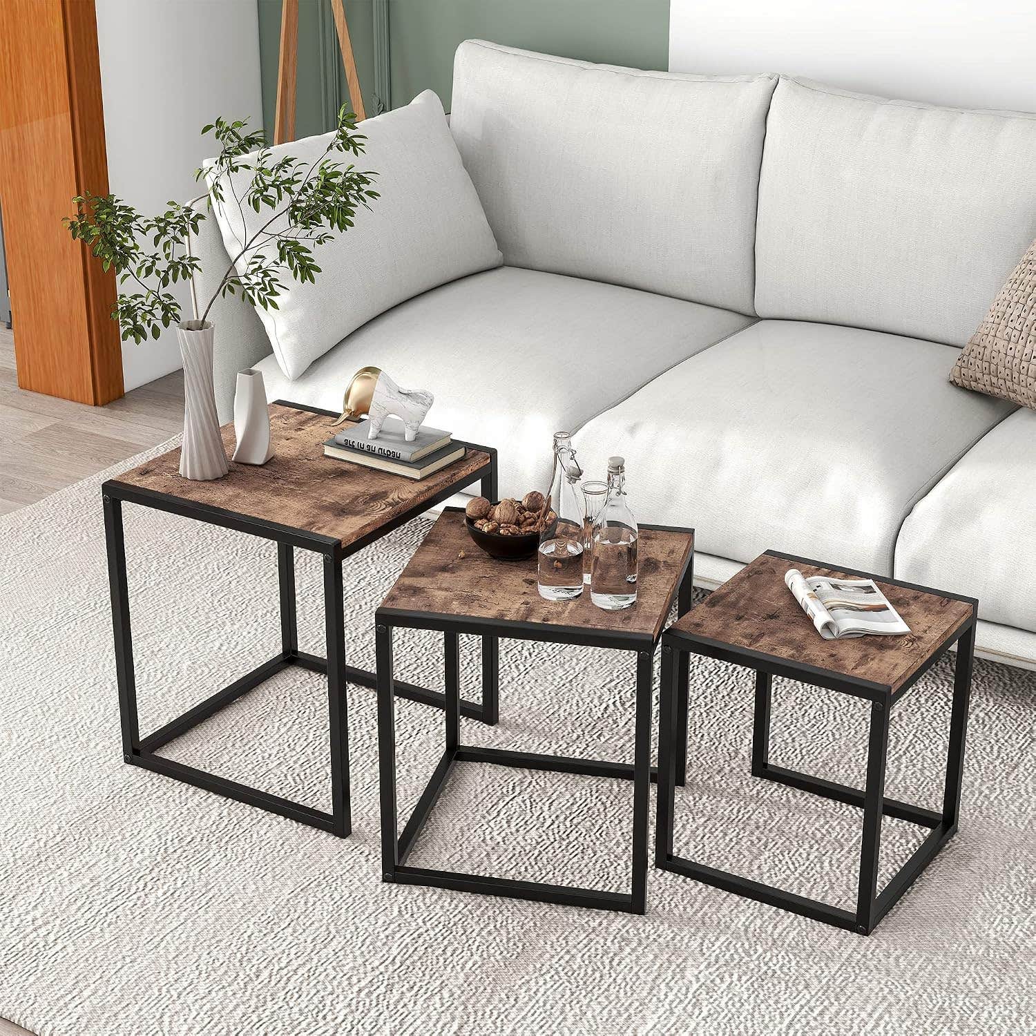 FOUBAM Rustic Brown 3-Piece Nesting Square End Tables - Modern Industrial Style