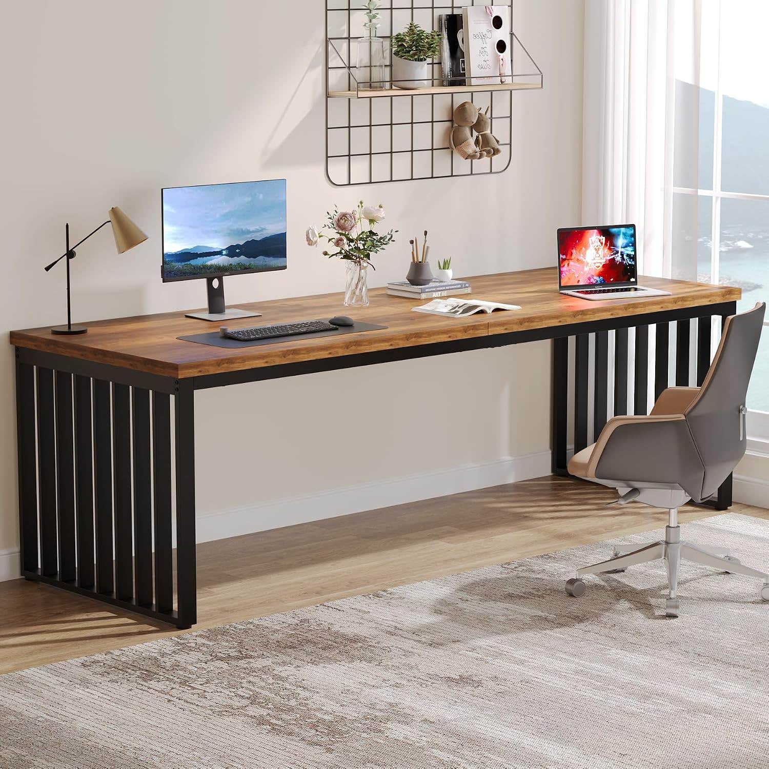 Tribesigns 180 cm Desk, Large Computer Desk, PC Table, Office Table with Sturdy Metal Frame, Workstation for Home Office, Home Desks, Conference Table (without Chair) (Brown)