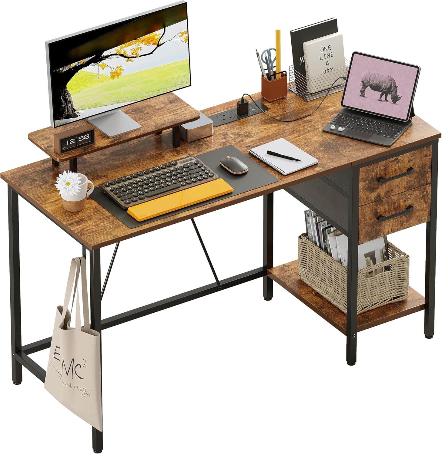 Corner Computer Desk with Drawers & Power Outlets, 100 cm Small Home Office Desk with PC Monitor Stand,Gaming Desk with Reversible Storage Shelf, Workstation for Study Bedroom Table, Brown
