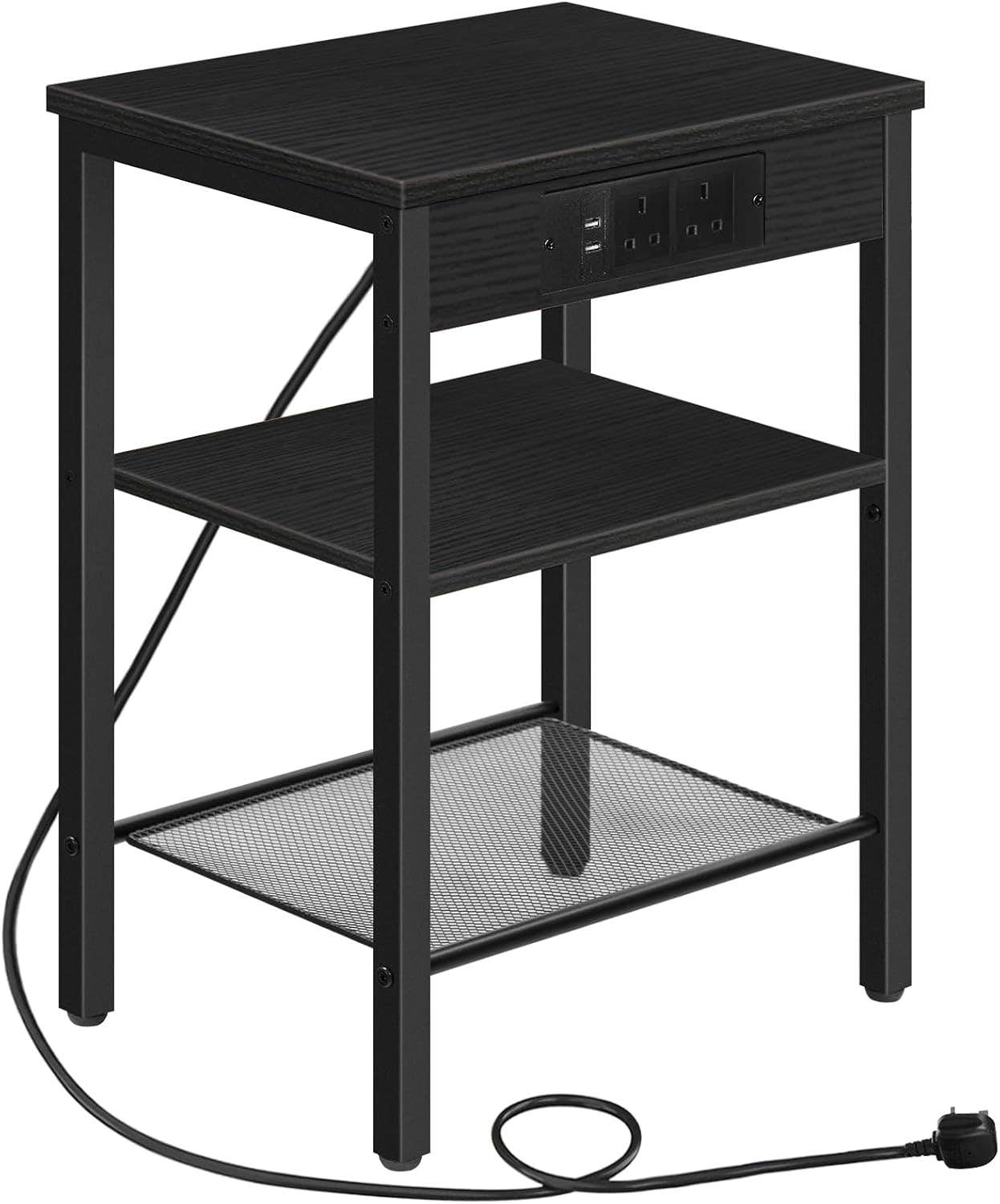 HOOBRO Side Table with Charging Station, Narrow Bedside Table with 2 Sockets and 2 USB Ports, 3-Tier Nightstand with Adjustable Shelf, Slim Sofa Tables End Tables, Black EBB112KBZ01