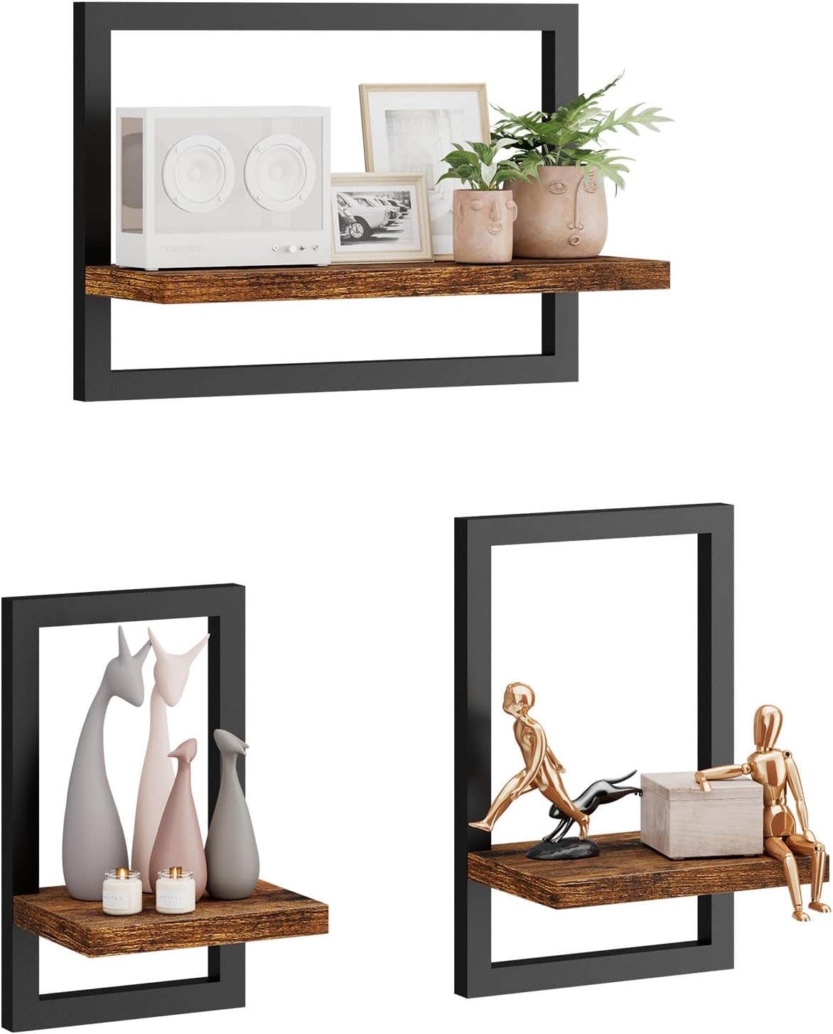 IBUYKE Floating Shelf Wall, Set of 3 Wall Shelves, Hanging Shelves for Wall Storage, Display Shelves, Square Bookcase for Office, Bedroom, Bathroom, Kitchen, Brown TFS001H