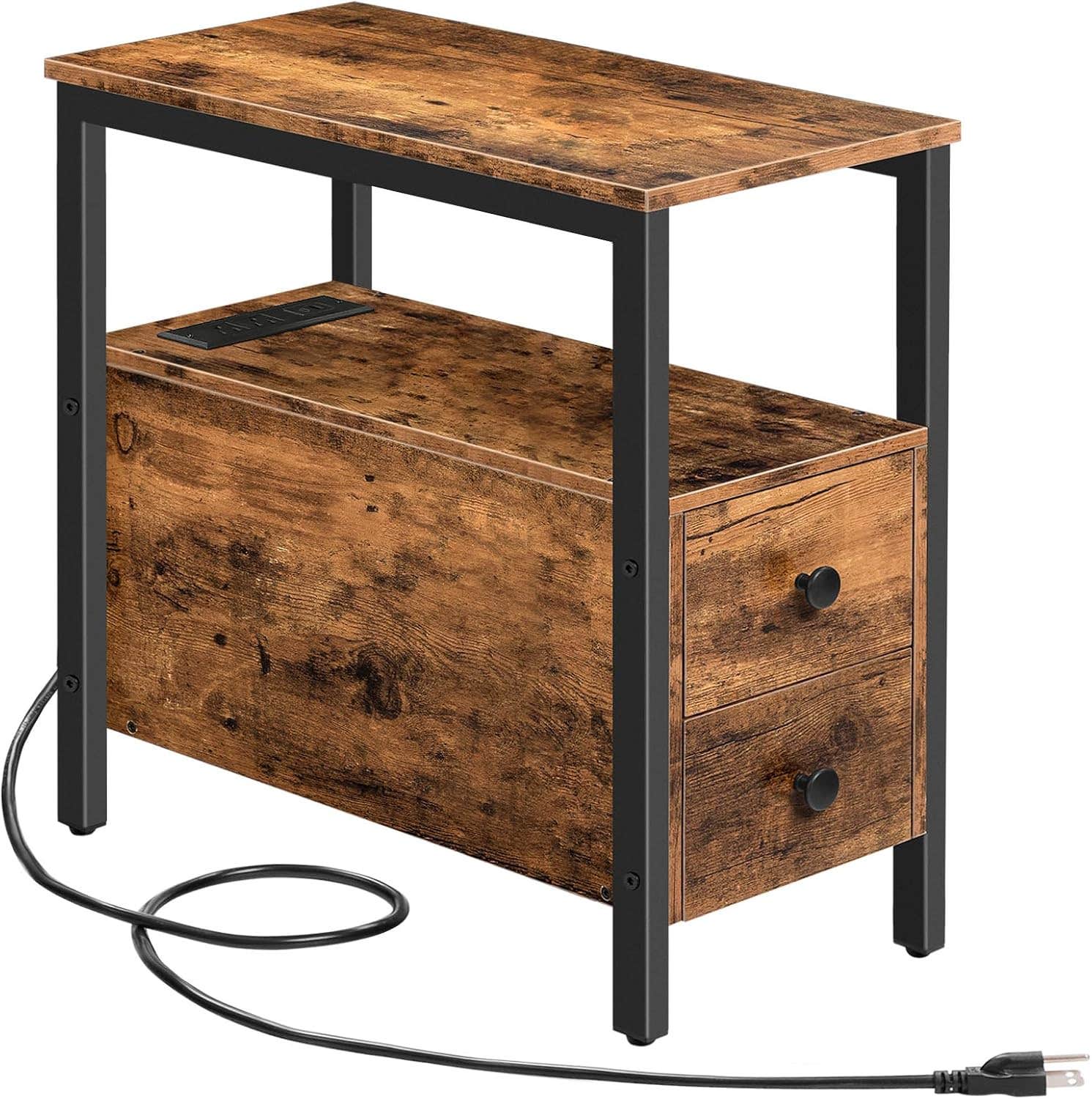 HOOBRO End Table with Charging Station, Narrow Side Table with 2 Drawer & USB Ports & Power Outlets, Nightstand for Small Spaces, Stable and Sturdy, for Living Room, Bedroom, Rustic Brown BF541BZ01