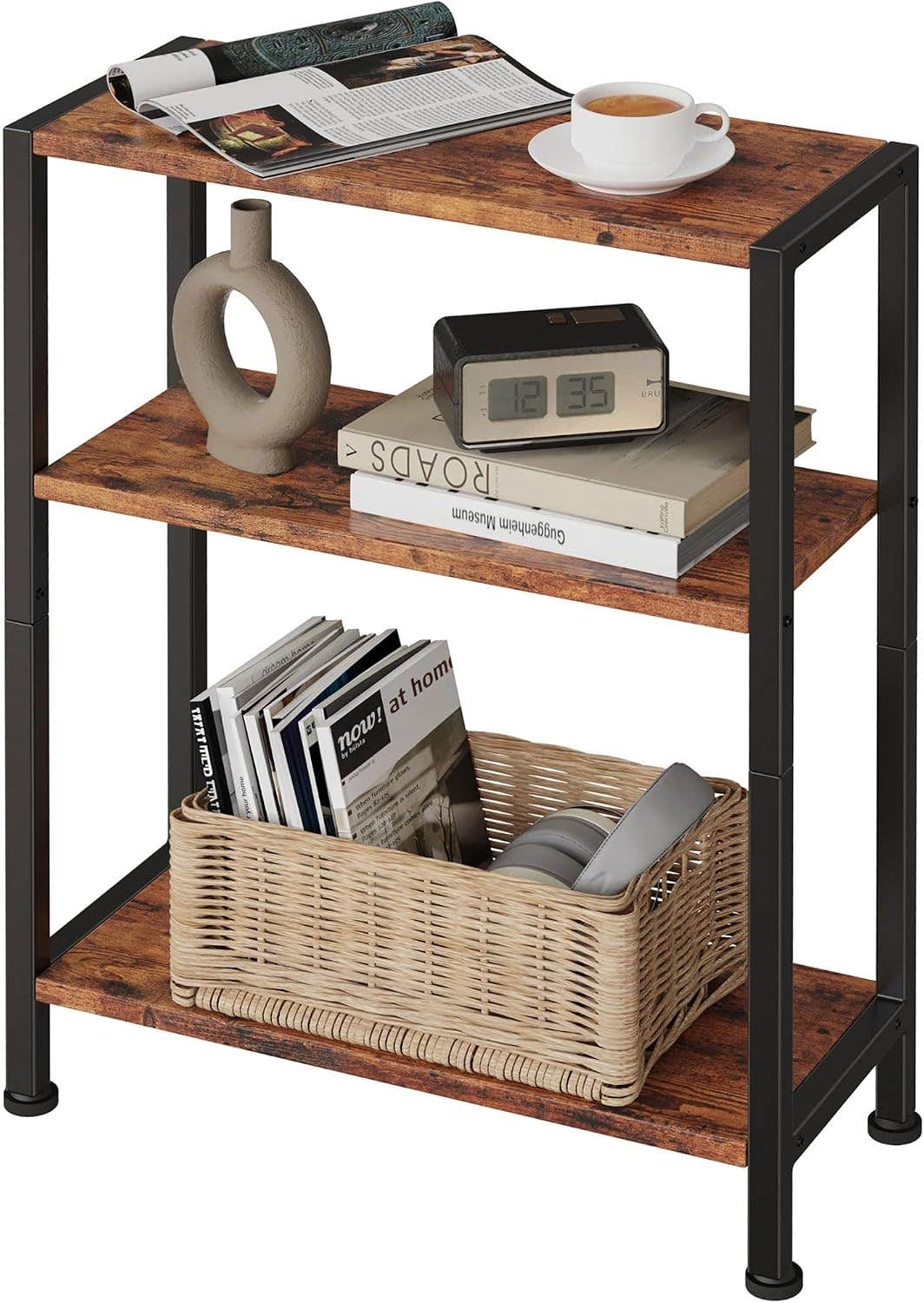 3-Tier Side Table, Small End Table, Sofa Side Table for Narrow Spaces, Slim End Table, Nightstand Table, for Living Room Bedroom Office, Rustic Brown