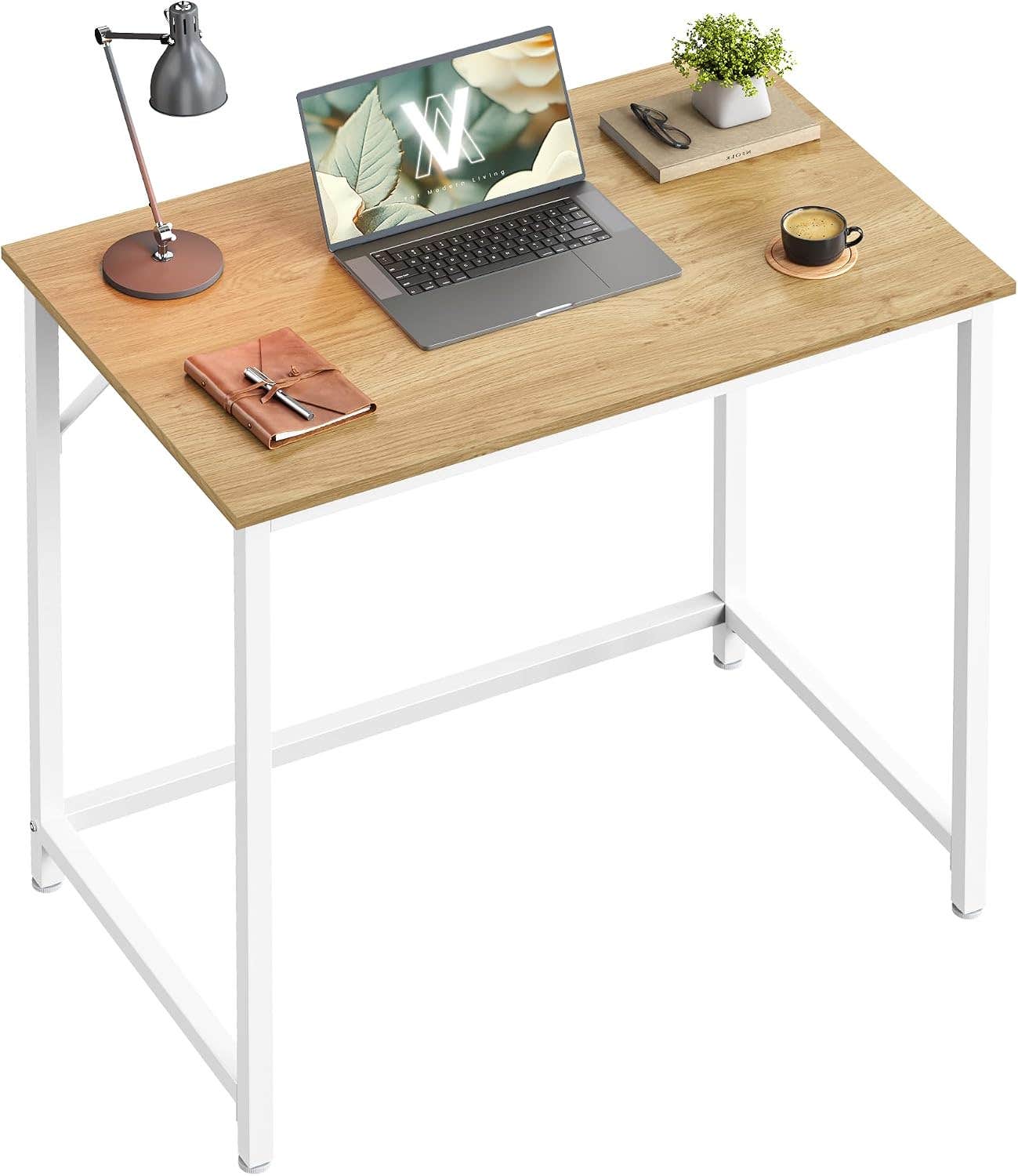 VASAGLE Desk Small Computer Desk Office Desk Study Bedroom 50x80x76cm Modern Style Metal Frame Natural Oak Pearl White LWD038W70
