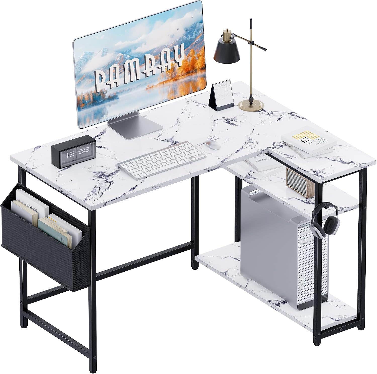 Pamray 40 Inch L Shaped Computer Desk with Reversible Side Storage Shelves, Small Corner Desk for Small Space Home Office, Writing Study Table PC Desk for Bedroom, Marble