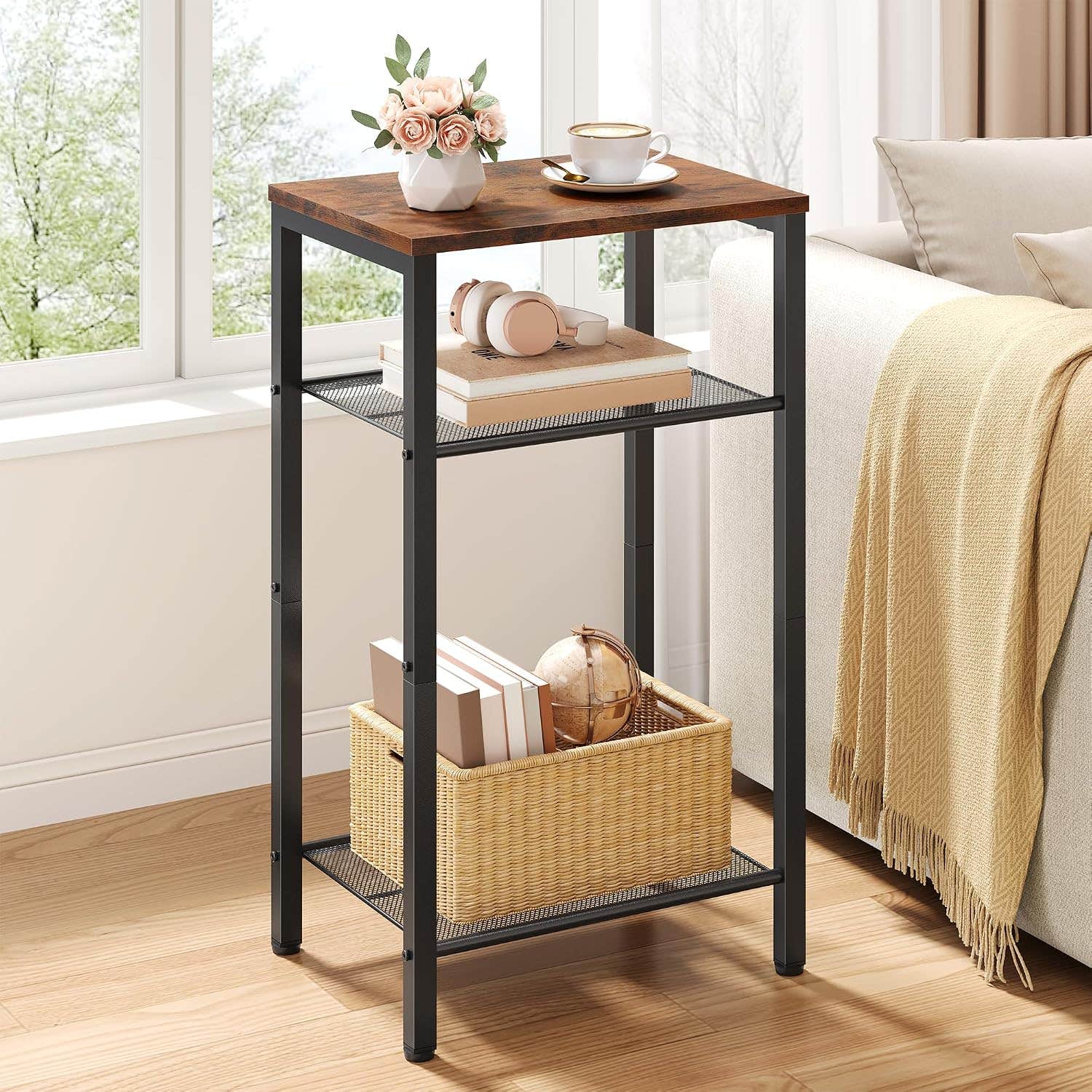 Hoctieon 3 Tier End Table, Telephone Table, Narrow Side Table with Storage, Nightstand for Small Spaces, Metal Frame, For Living Room, Bedroom, Sofa Couch, Hall, Easy Assembly, Rustic Brown