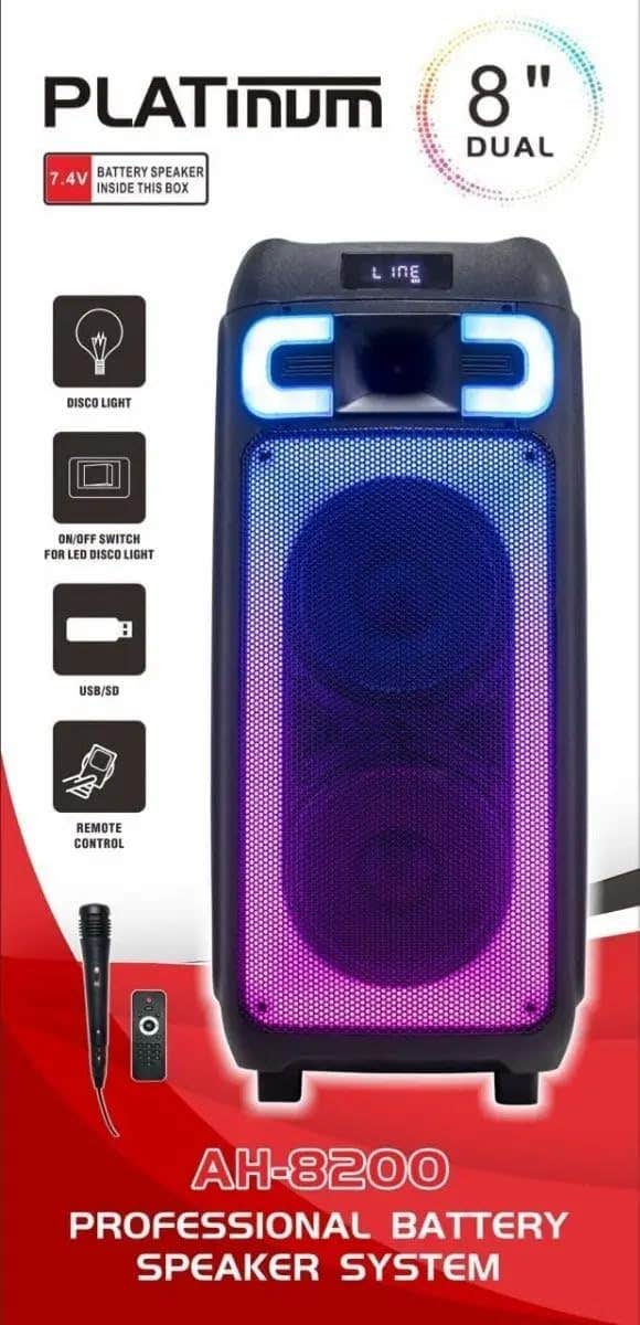 Bluetooth Speaker, Platinum AH-8200 Professional 8" Dual Bluetooth Speaker with LED Lights, Microphone & Remote – Portable Rechargeable Speaker System