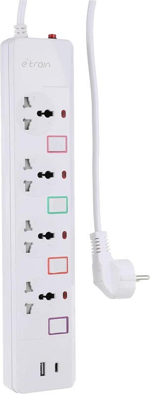 E-Tren PS077 Power Strip, 16 Amp, 4 Sockets, USB, Type-C Port, 2 Meters - White
