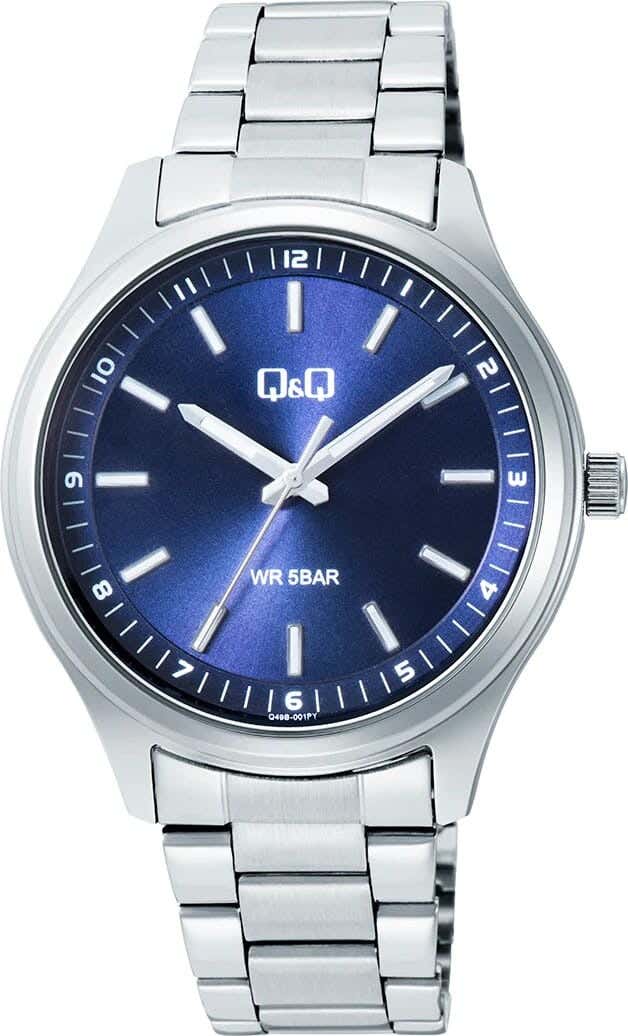 Q&Q Q49B-001PY Round Analog Dress Watch For Men, L /40 - 48 mm - Silver Blue