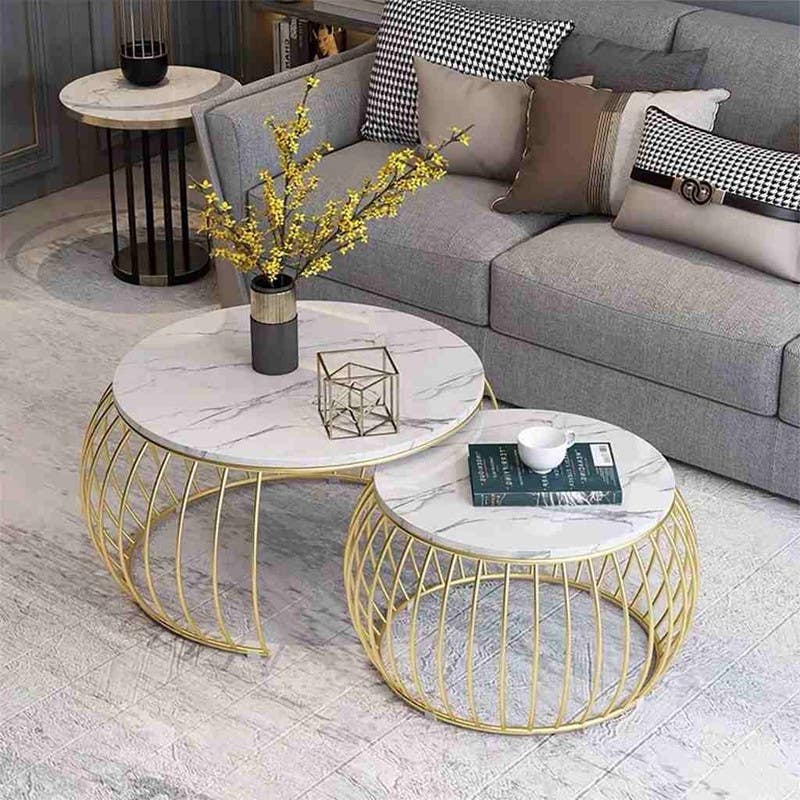 Iron Center Table Set, 2 Pieces - Gold White