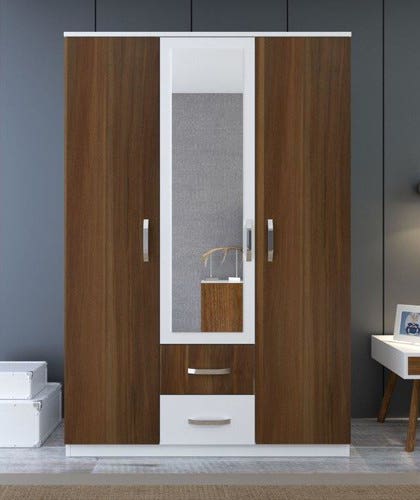 MDF Wood Wardrobe with Drawers, 120x50x210 Cm - White Wooden