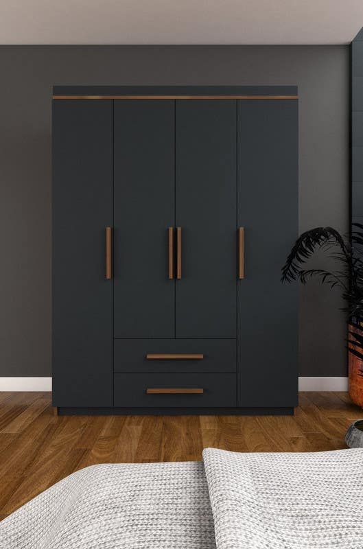 MDF Wood Wardrobe with Drawers, 160x50x200 Cm - Grey Wooden