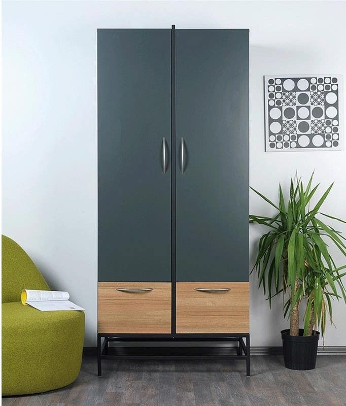 MDF Wood Wardrobe 2 Door, 90x54x205 Cm - Grey Wooden