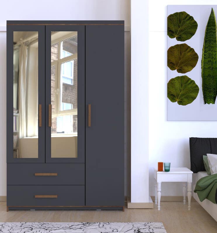 MDF Wood Wardrobe with Drawers, 120x47x190 Cm - Grey Wooden