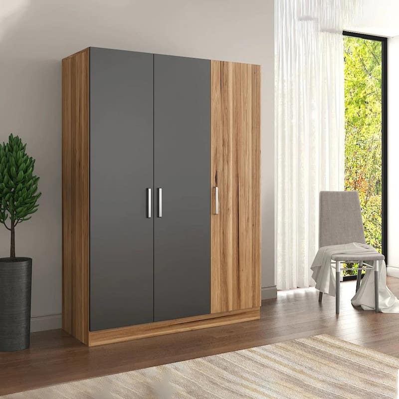 MDF Wood Wardrobe 3 Door, 154x50x185 Cm - Grey Wooden