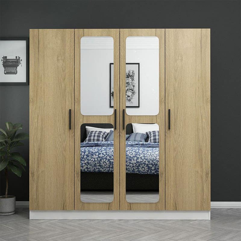 MDF Wood Wardrobe 4 Door, 180x52x190 Cm - White Wooden