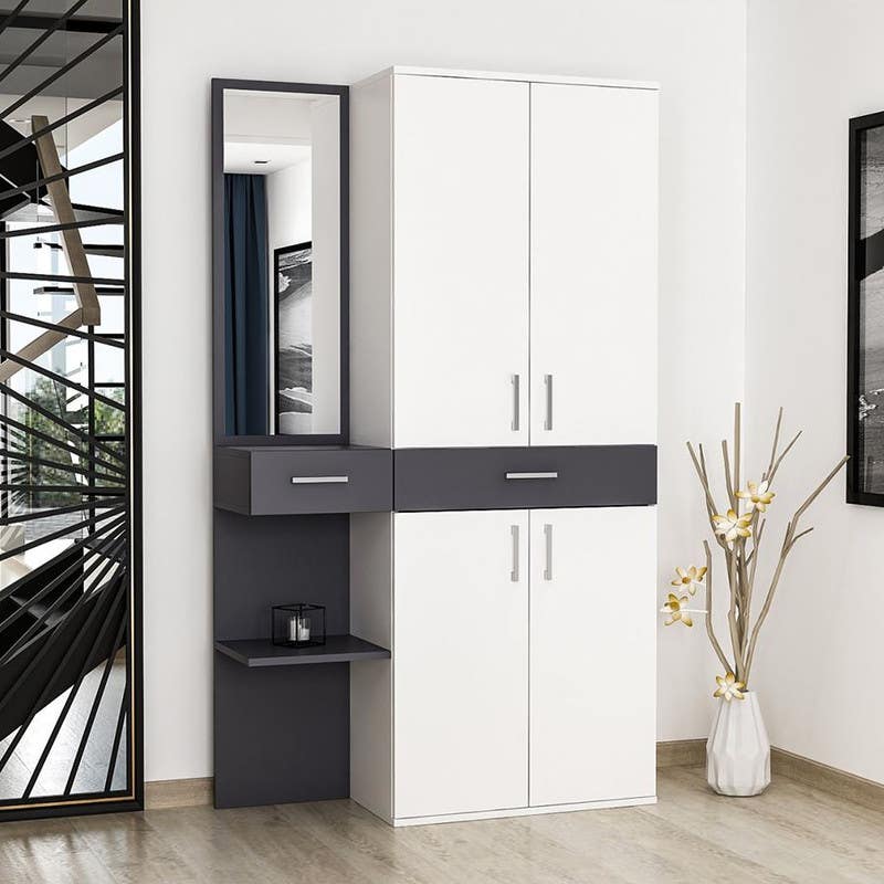 MDF Wood Wardrobe, 105x35x180 Cm - White Grey